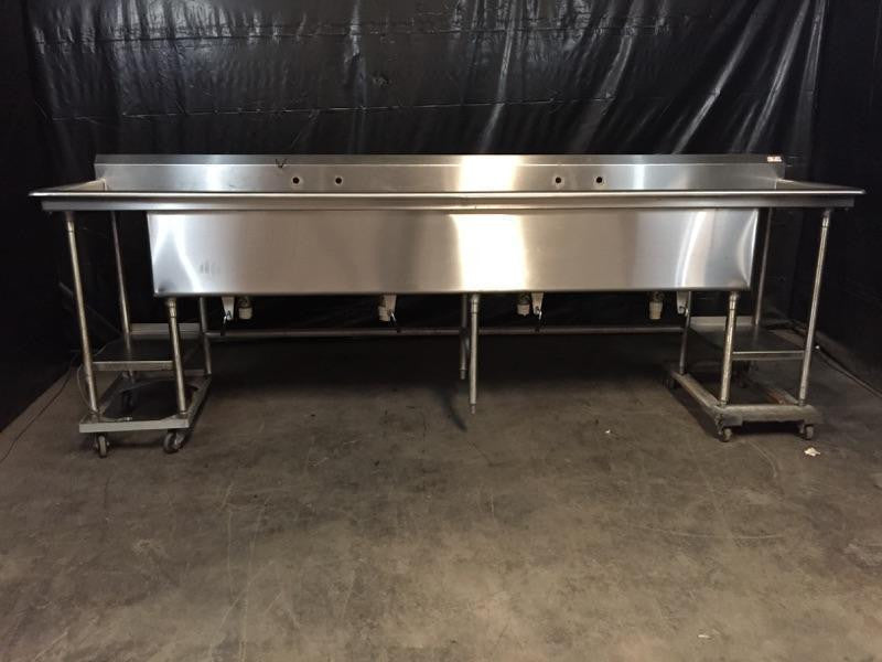 Used-Four Compartment Stainless Steel Sink w/ Two Drain Boards-BUYREL